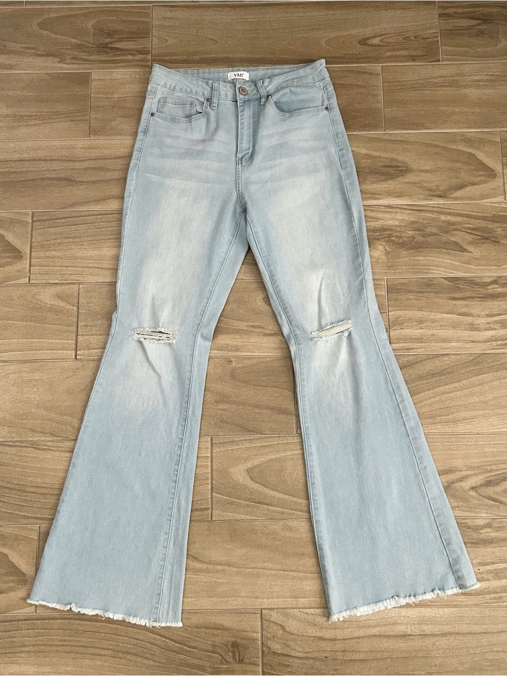 YMI Light Blue Flare Jeans with Knee Rips | Size 29